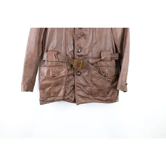 Vintage 50s Streetwear Mens 40R Distressed Belted Lined Leather Jacket Brown USA